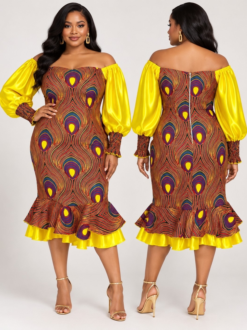 Handmade African Wax Print Off Shoulder Balloon Sleeve Midi Dress Size L
